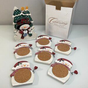 WILLIE MELT SNOWMAN 6 COASTER Set Wood Cork CHRISTMAS AROUND THE WORLD with BOX